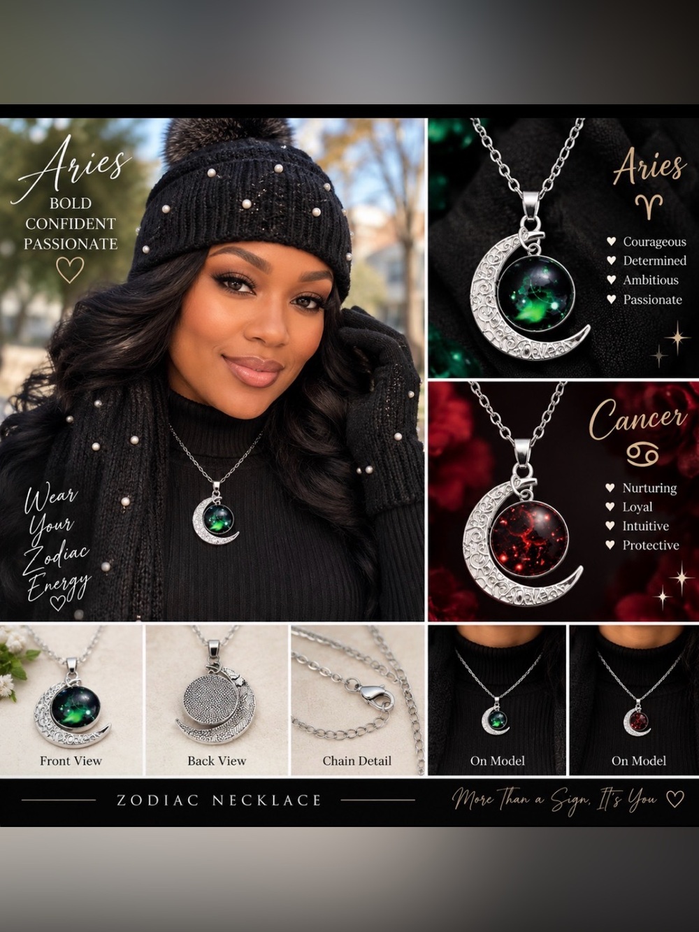 Aries Zodiac Crescent Necklace — Silver with Green Galaxy Pendant